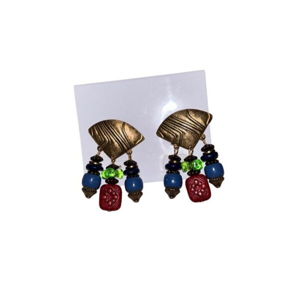 Vtg 80s 90s Brass Toned Textured Metal Beaded Waterfall Dangle Earrings Retro - Picture 2 of 4